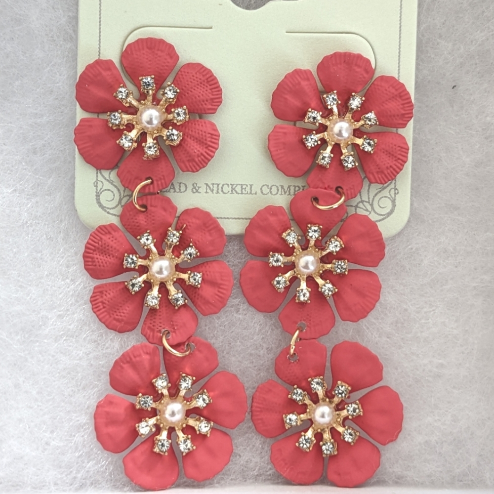 Coral Colored 3-Tier Jeweled Floral Acrylic Long Drop Earrings